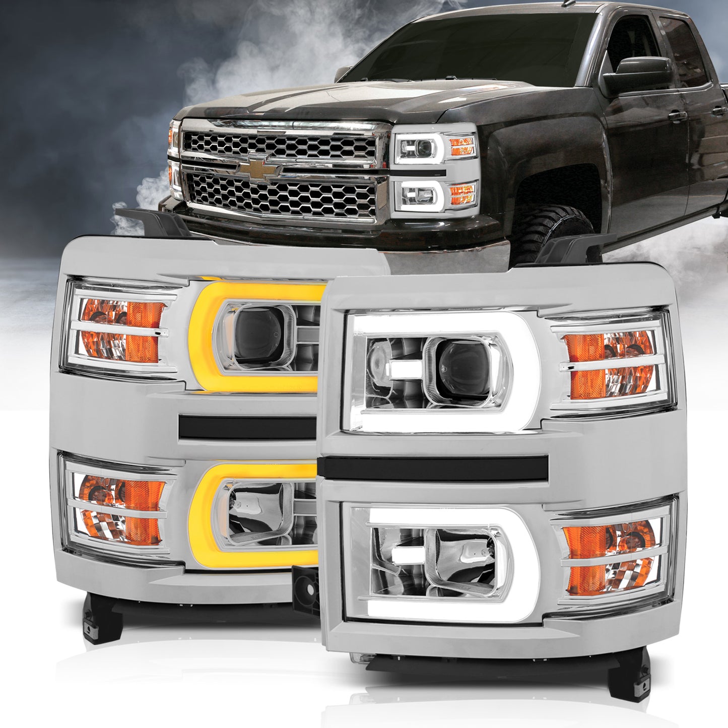 ANZO USA Projector Headlights w/ Plank Style Switchback Chrome w/ Amber