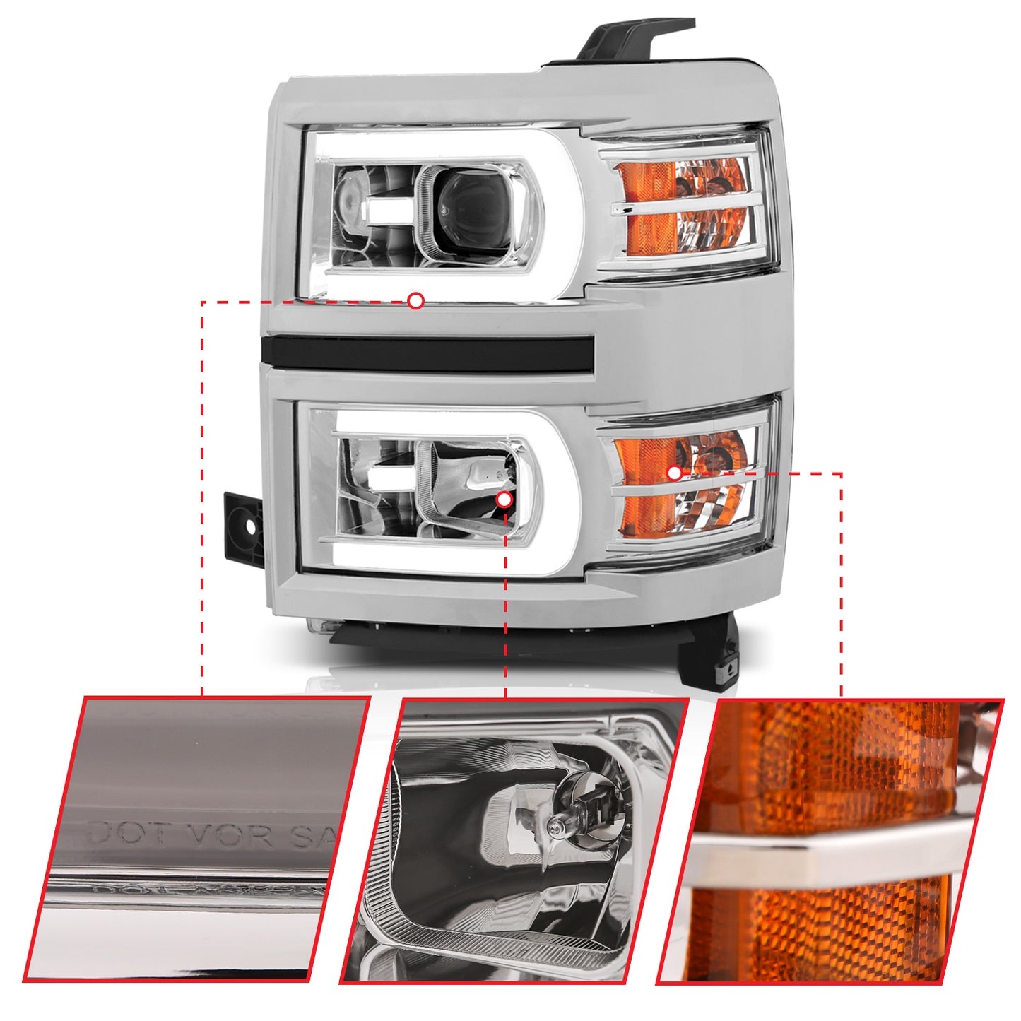ANZO USA Projector Headlights w/ Plank Style Switchback Chrome w/ Amber