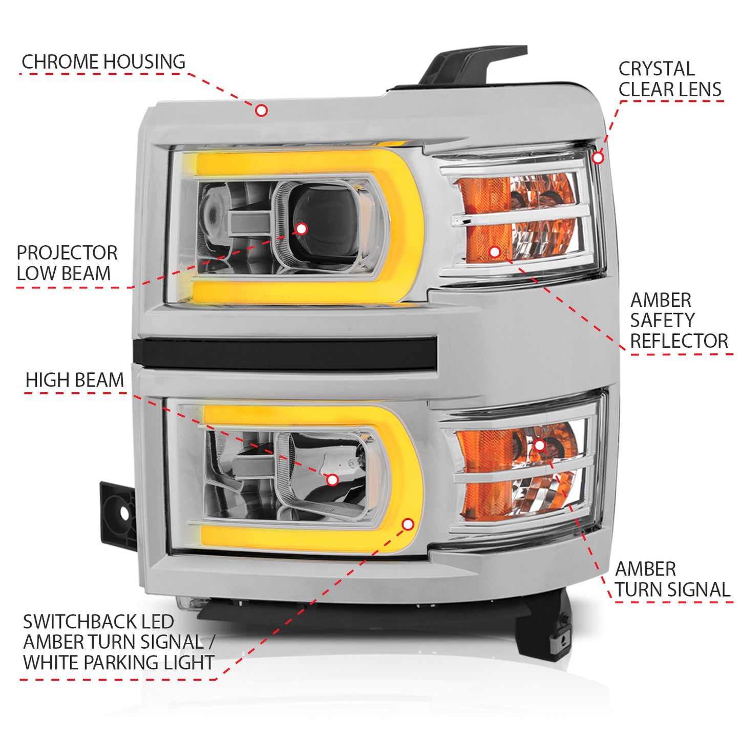 ANZO USA Projector Headlights w/ Plank Style Switchback Chrome w/ Amber