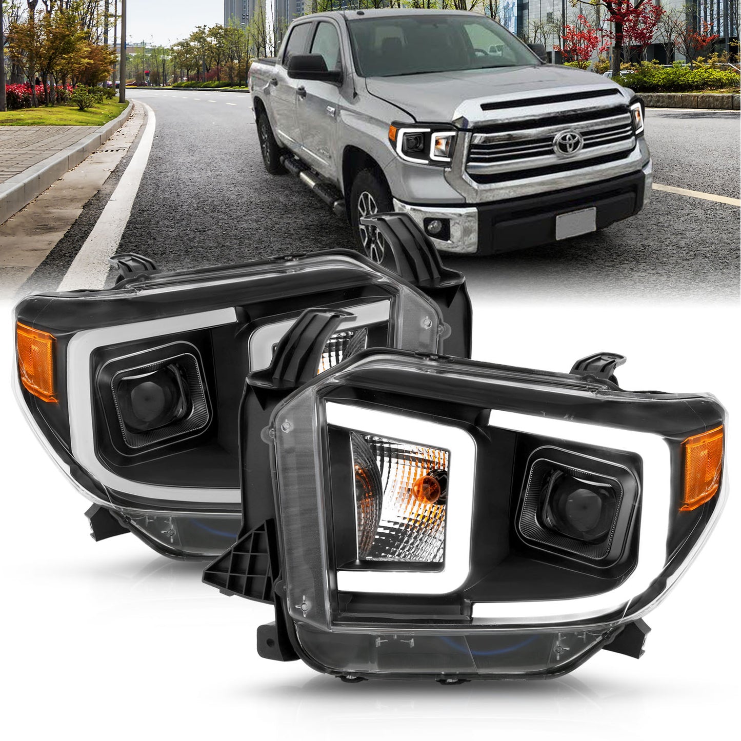 ANZO USA Projector Headlights w/ Plank Style Switchback Black w/ Amber