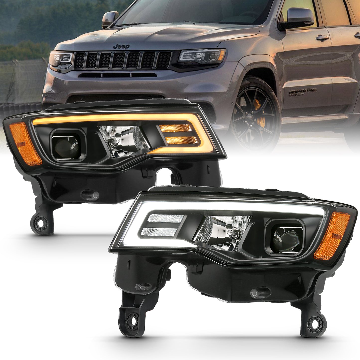 ANZO USA Projector Headlights w/ Plank Style Switchback Black w/ Amber