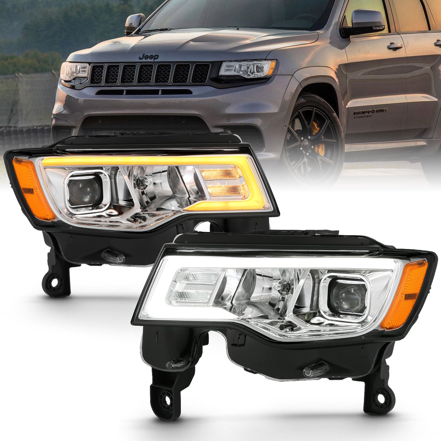 ANZO USA Projector Headlights w/ Plank Style Switchback Chrome w/ Amber
