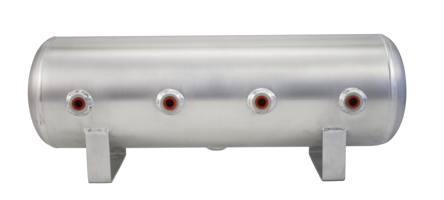 Air Lift Performance 2.5 Gallon Aluminum Air Tank; (4) 1/4in face ports; 6in D X 20in L, light weight, 200PSI maximum operating pressure.