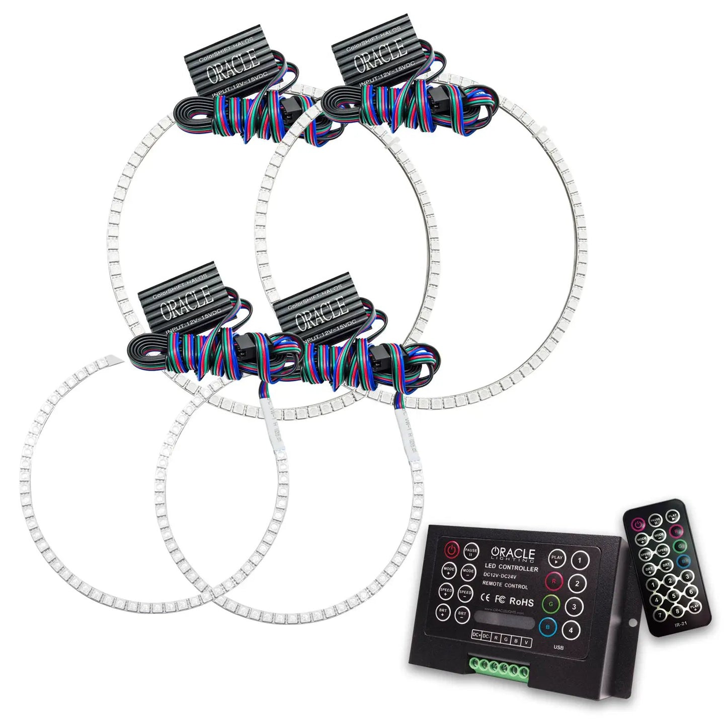 Oracle Lighting The kit includes a ColorSHIFT(tm) 2.0 controller. The halo kit uses an advanced LED chip which provides bright light output yet consumes less power. The kit mounts easily to your headlight housing with the provided 3M adhesive backing. by Oracle Lighting