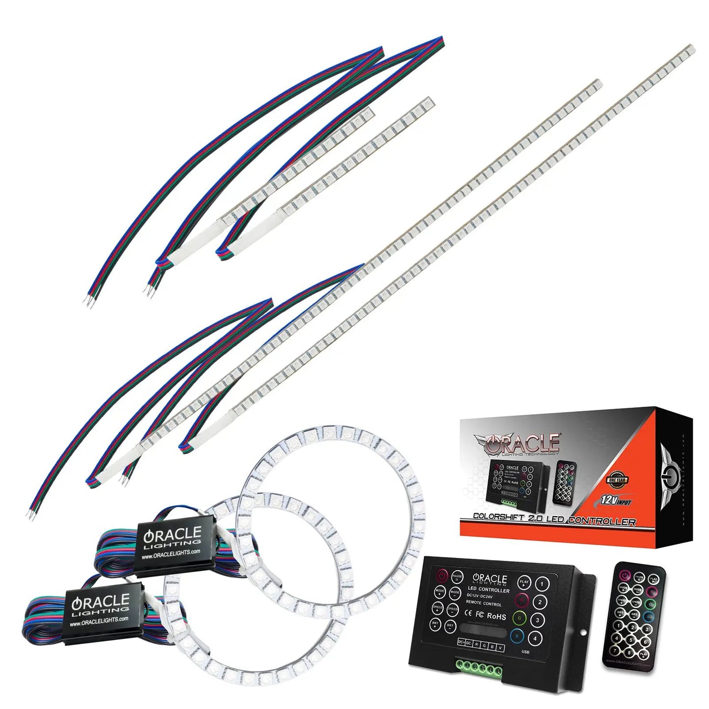 Oracle Lighting The kit includes a ColorSHIFT(tm) 2.0 controller. The halo kit uses an advanced LED chip which provides bright light output yet consumes less power. The kit mounts easily to your headlight housing with the provided 3M adhesive backing. by Oracle Lighting