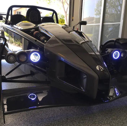 Oracle Lighting The halos are encased in a special polymer resin, making them completely waterproof and install by attaching around the headlight lens. The kit is 12V powered thus can be wired to a switch, controller, or parking lights. by Oracle Lighting