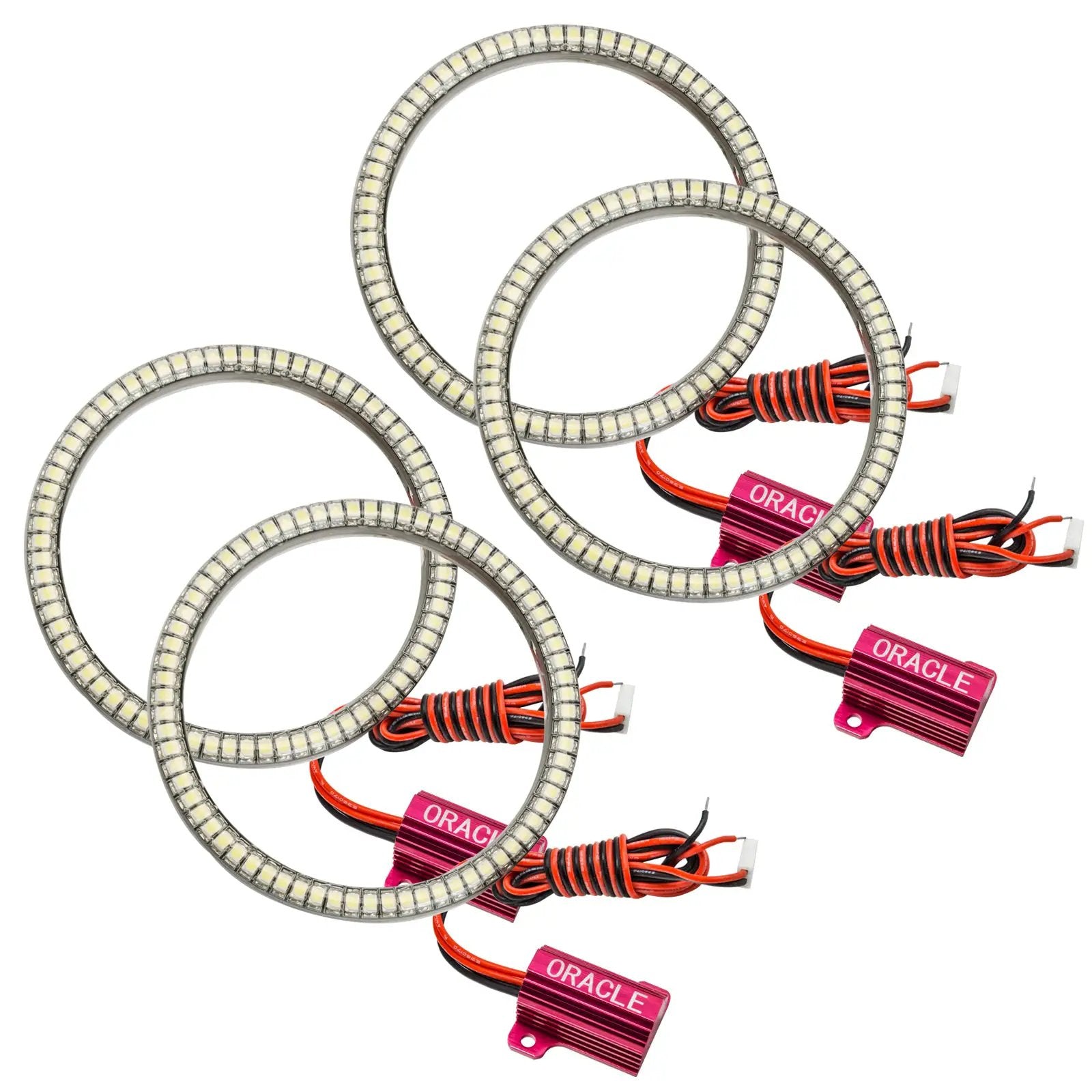 Oracle Lighting The halos are encased in a special polymer resin, making them completely waterproof and install by attaching around the headlight lens. The kit is 12V powered thus can be wired to a switch, controller, or parking lights. by Oracle Lighting