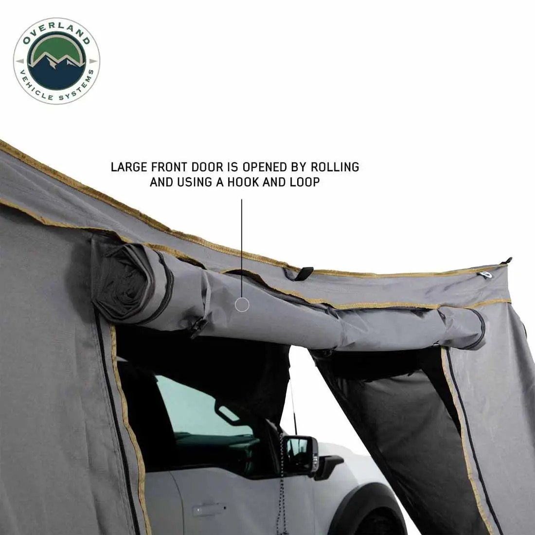 OVS HD Nomadic 270 - Awning Wall 1 W/Door & Window, Passenger Side, Grey Body, Green Trim W/Storage Bag by OVS