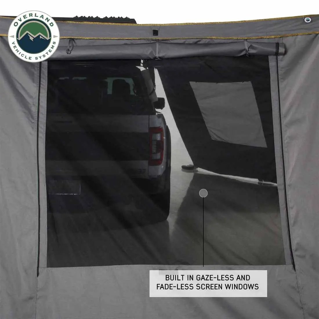 OVS HD Nomadic 270 - Awning Wall 2 W/Window, Passenger Side, Grey Body, Green Trim W/Storage Bag by OVS
