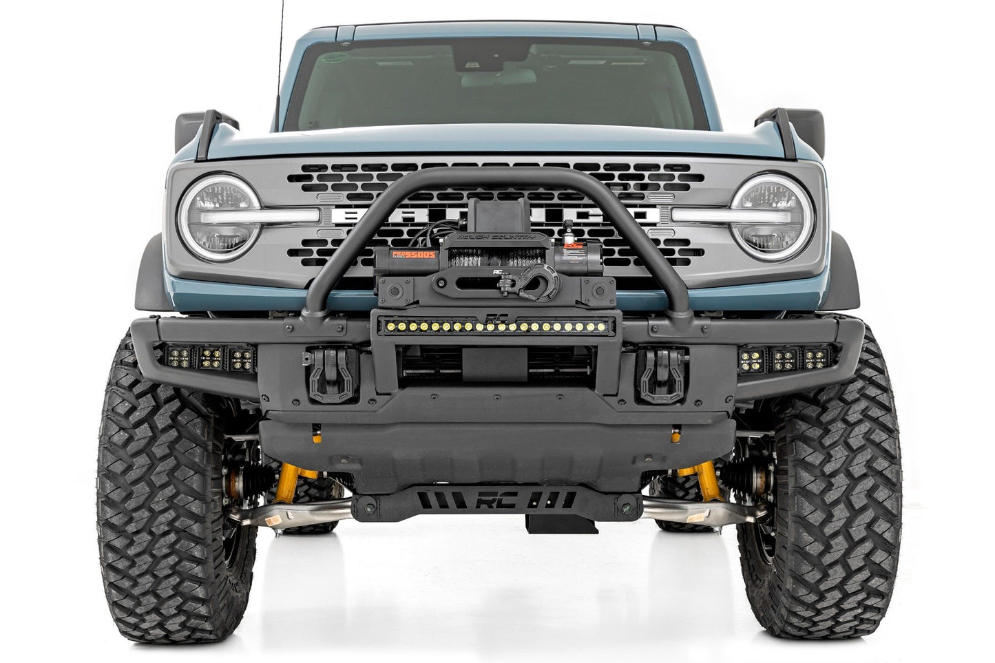 Soporte de Cabrestante Alto | Todos los Modelos | Barra de Luz LED Negra de Una Fila de 20 Pulgadas | DRL | Ford Bronco (21-25)