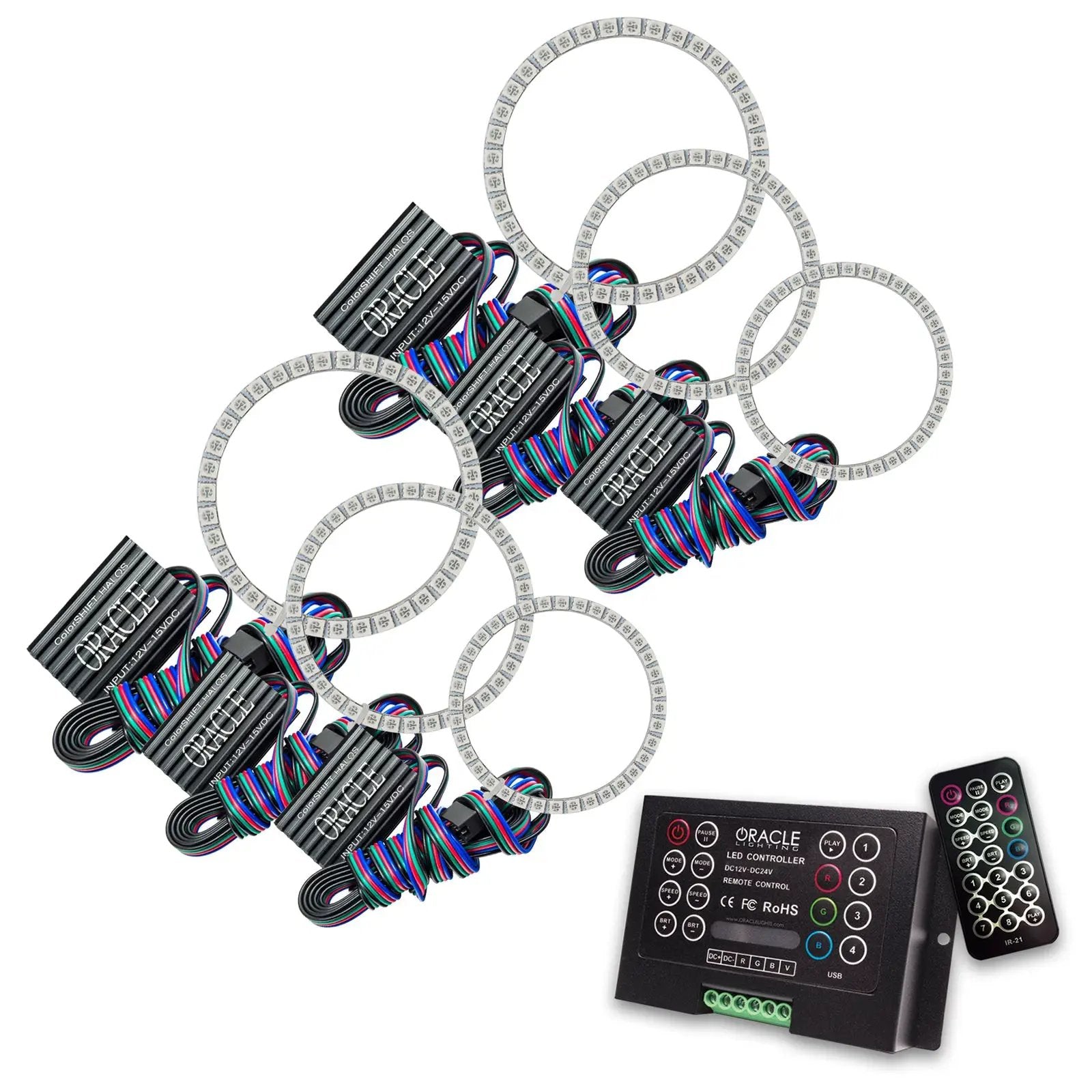 Oracle Lighting The kit includes a ColorSHIFT(tm) 2.0 controller. The halo kit uses an advanced LED chip which provides bright light output yet consumes less power. The kit mounts easily to your headlight housing with the provided 3M adhesive backing. by Oracle Lighting