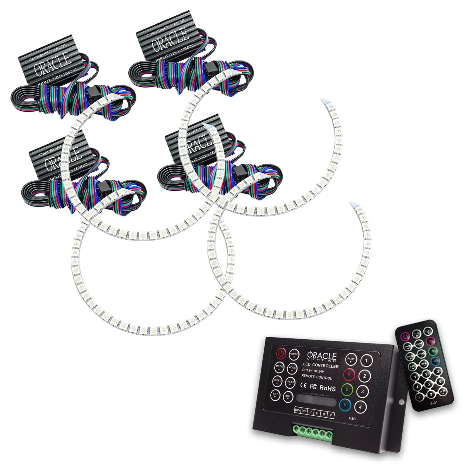 Oracle Lighting The kit includes a ColorSHIFT(tm) 2.0 controller. The halo kit uses an advanced LED chip which provides bright light output yet consumes less power. The kit mounts easily to your headlight housing with the provided 3M adhesive backing. by Oracle Lighting