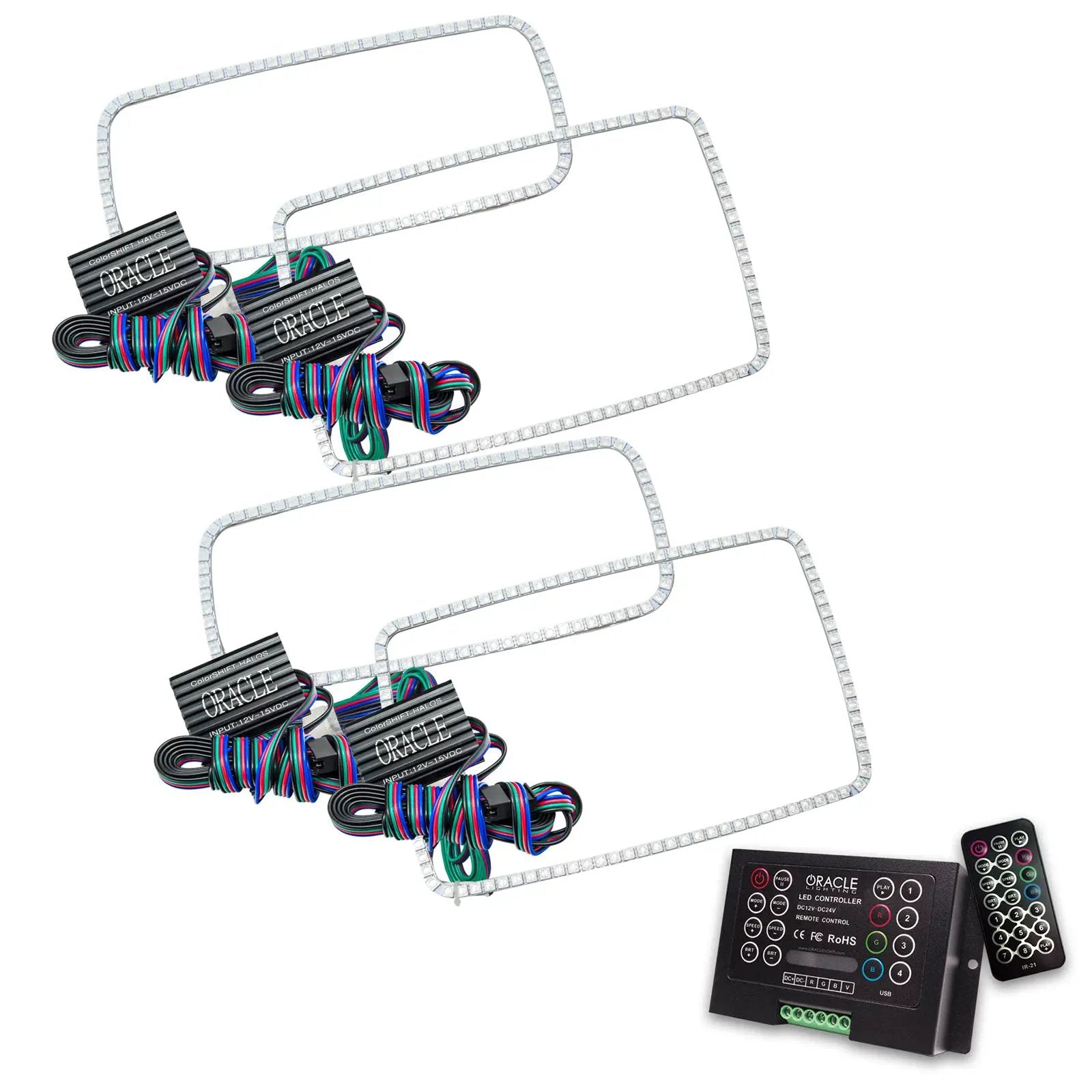Oracle Lighting The kit includes a ColorSHIFT(tm) 2.0 controller. The halo kit uses an advanced LED chip which provides bright light output yet consumes less power. The kit mounts easily to your headlight housing with the provided 3M adhesive backing. by Oracle Lighting