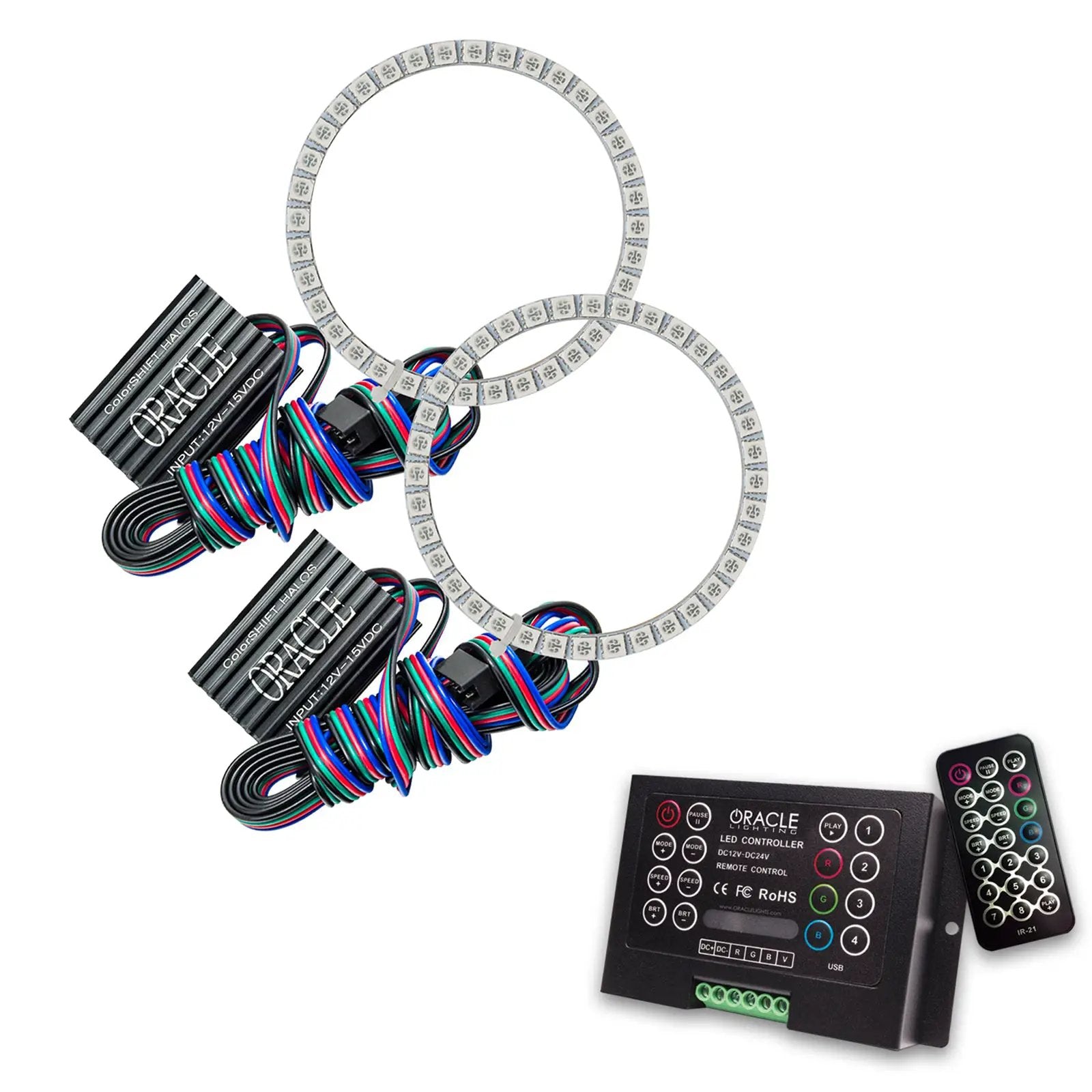 Oracle Lighting The kit includes a ColorSHIFT(tm) 2.0 controller. The halo kit uses an advanced LED chip which provides bright light output yet consumes less power. The kit mounts easily to your headlight housing with the provided 3M adhesive backing. by Oracle Lighting