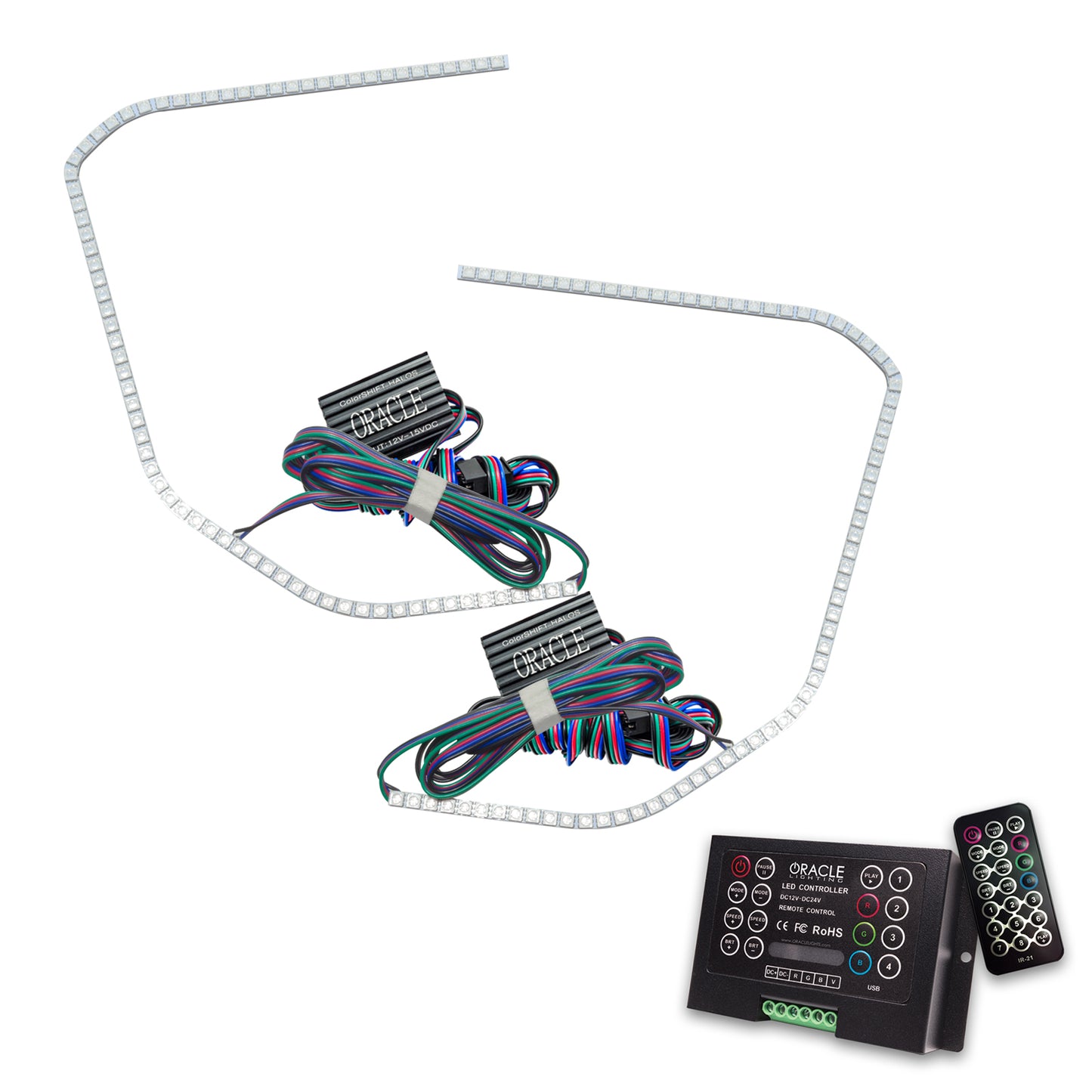 Oracle Lighting The kit includes a ColorSHIFT(tm) 2.0 controller. The halo kit uses an advanced LED chip which provides bright light output yet consumes less power. The kit mounts easily to your headlight housing with the provided 3M adhesive backing. by Oracle Lighting