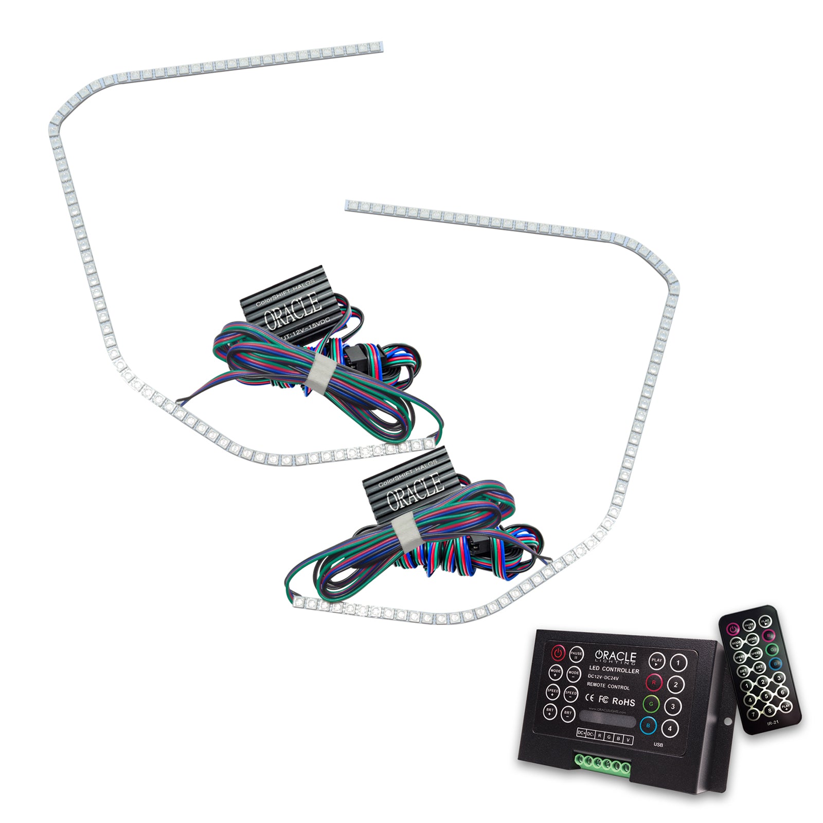 Oracle Lighting The kit includes a ColorSHIFT(tm) 2.0 controller. The halo kit uses an advanced LED chip which provides bright light output yet consumes less power. The kit mounts easily to your headlight housing with the provided 3M adhesive backing. by Oracle Lighting