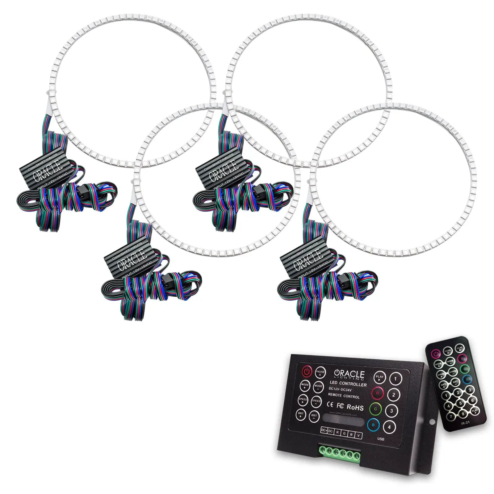 Oracle Lighting The kit includes a ColorSHIFT(tm) 2.0 controller. The halo kit uses an advanced LED chip which provides bright light output yet consumes less power. The kit mounts easily to your headlight housing with the provided 3M adhesive backing. by Oracle Lighting
