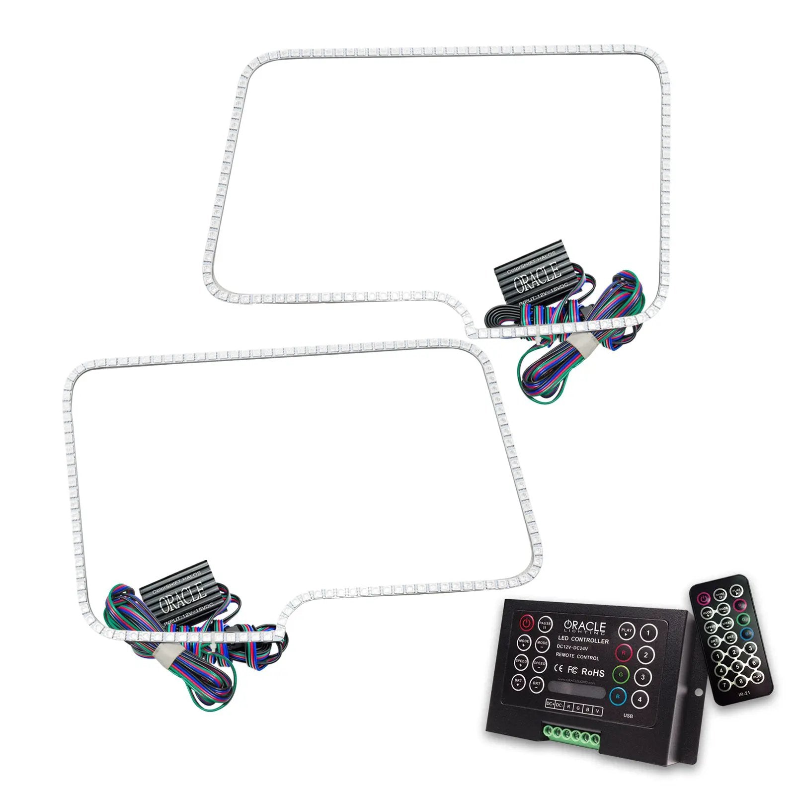 Oracle Lighting The kit includes a ColorSHIFT(tm) 2.0 controller. The halo kit uses an advanced LED chip which provides bright light output yet consumes less power. The kit mounts easily to your headlight housing with the provided 3M adhesive backing. by Oracle Lighting