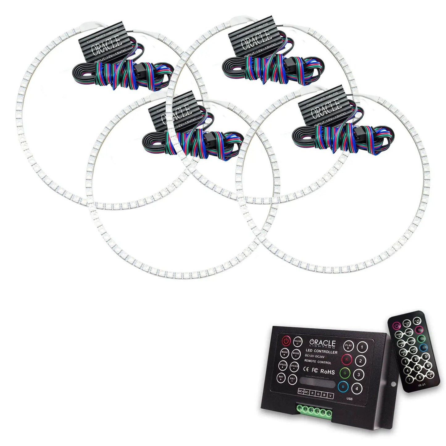 Oracle Lighting The kit includes a ColorSHIFT(tm) 2.0 controller. The halo kit uses an advanced LED chip which provides bright light output yet consumes less power. The kit mounts easily to your headlight housing with the provided 3M adhesive backing. by Oracle Lighting