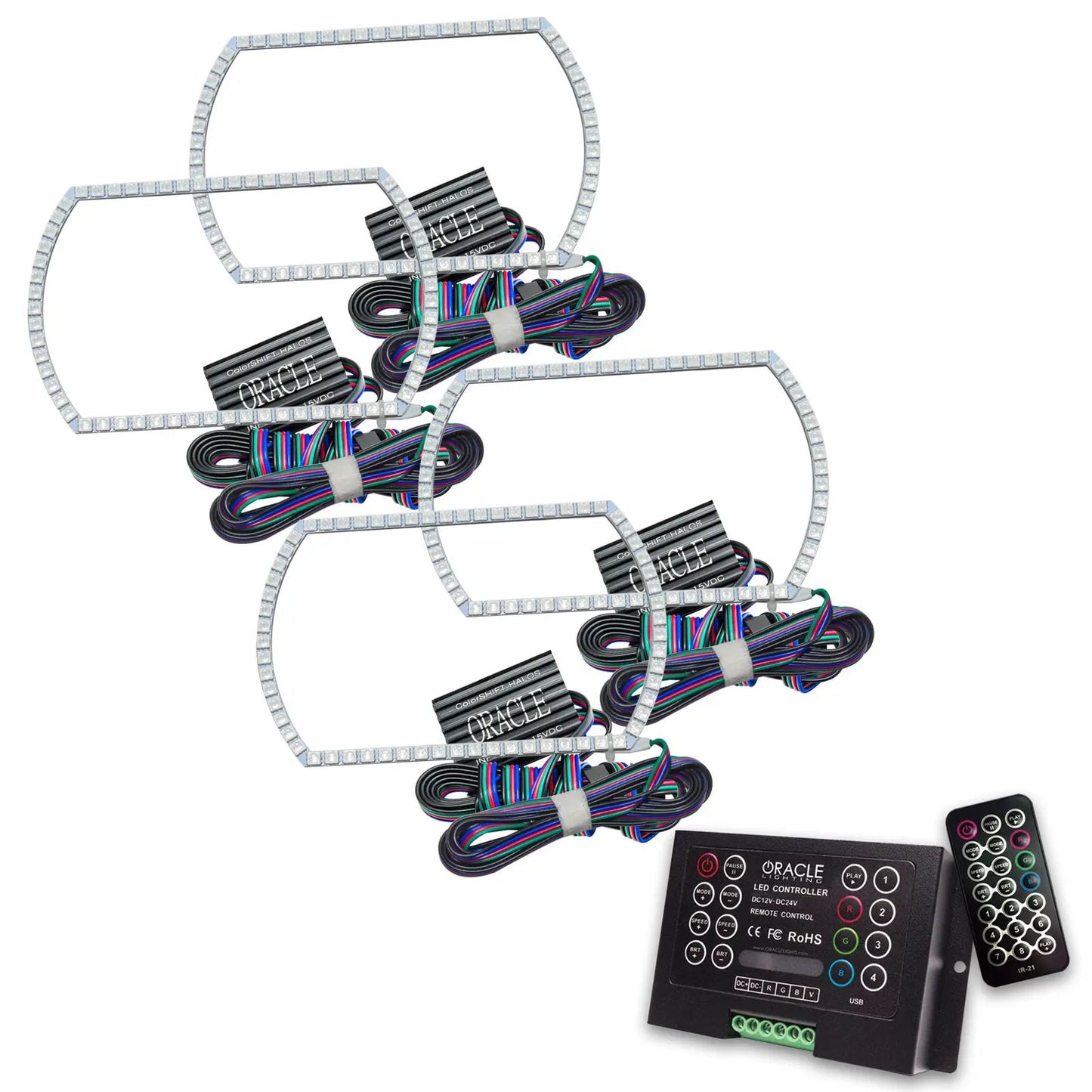 Oracle Lighting The kit includes a ColorSHIFT(tm) 2.0 controller. The halo kit uses an advanced LED chip which provides bright light output yet consumes less power. The kit mounts easily to your headlight housing with the provided 3M adhesive backing. by Oracle Lighting