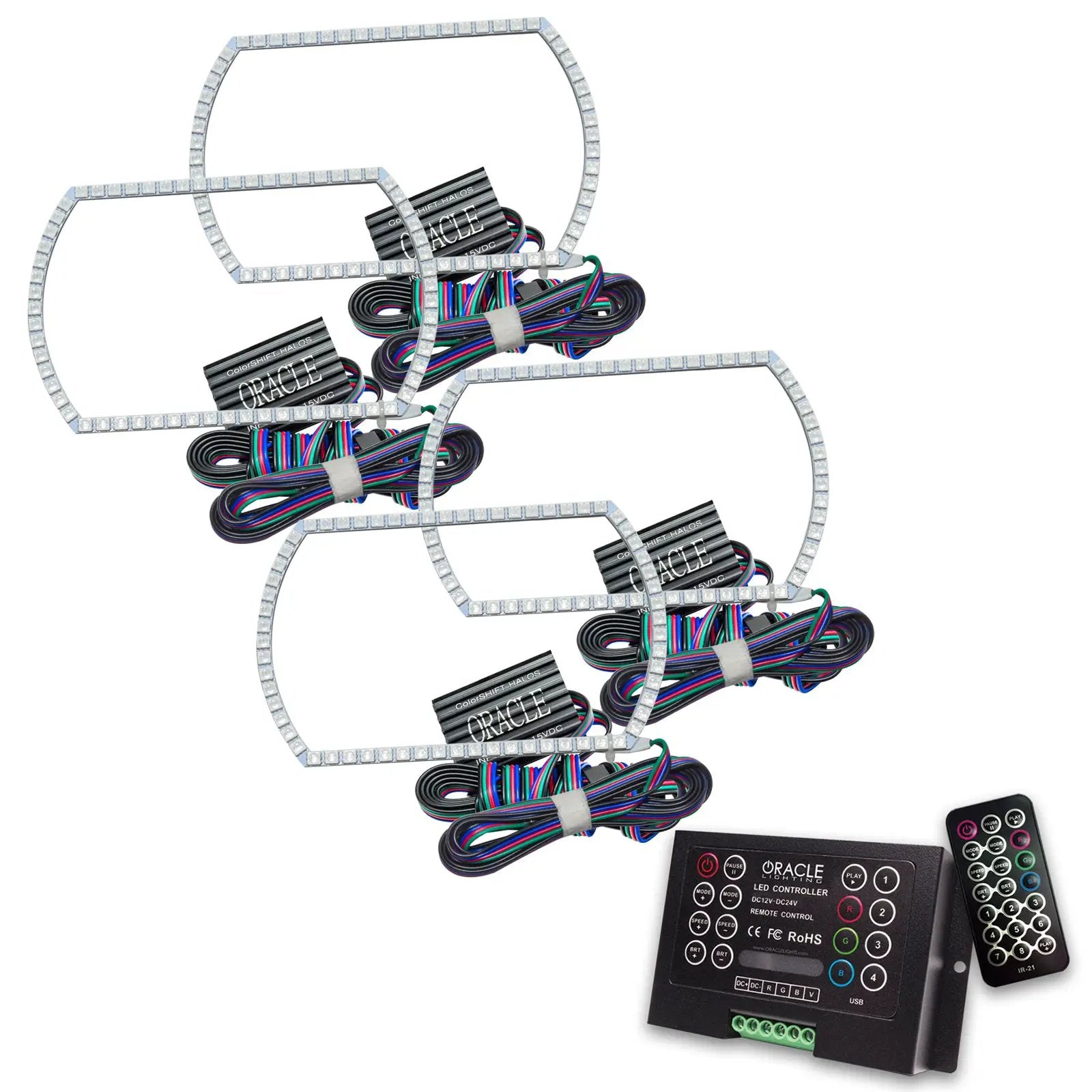 Oracle Lighting The kit includes a ColorSHIFT(tm) 2.0 controller. The halo kit uses an advanced LED chip which provides bright light output yet consumes less power. The kit mounts easily to your headlight housing with the provided 3M adhesive backing. by Oracle Lighting