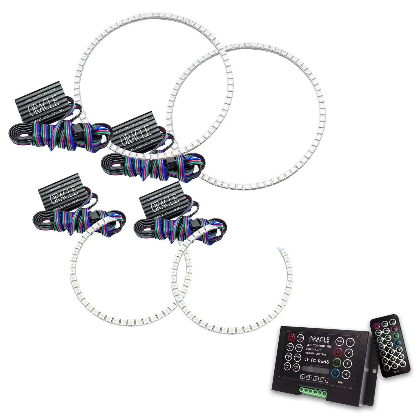 Oracle Lighting The kit includes a ColorSHIFT(tm) 2.0 controller. The halo kit uses an advanced LED chip which provides bright light output yet consumes less power. The kit mounts easily to your headlight housing with the provided 3M adhesive backing. by Oracle Lighting