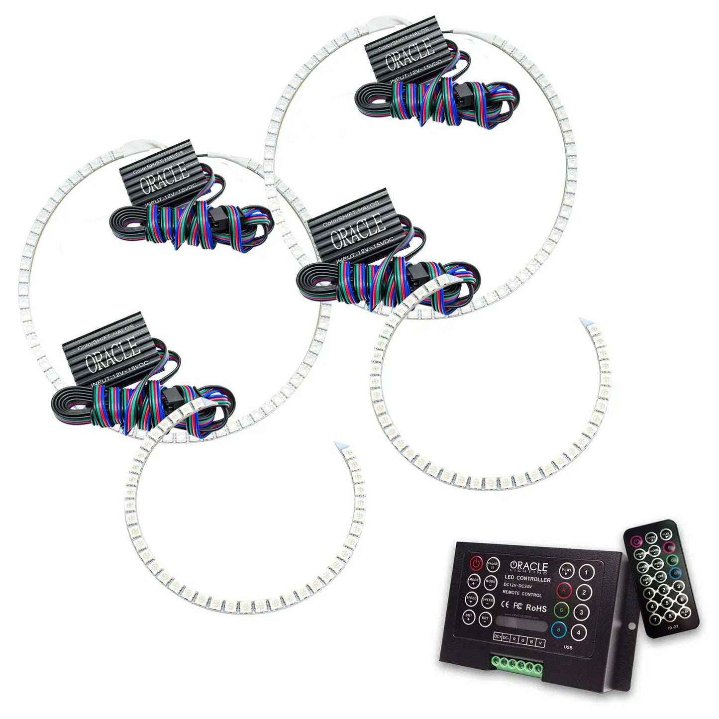 Oracle Lighting The kit includes a ColorSHIFT(tm) 2.0 controller. The halo kit uses an advanced LED chip which provides bright light output yet consumes less power. The kit mounts easily to your headlight housing with the provided 3M adhesive backing. by Oracle Lighting