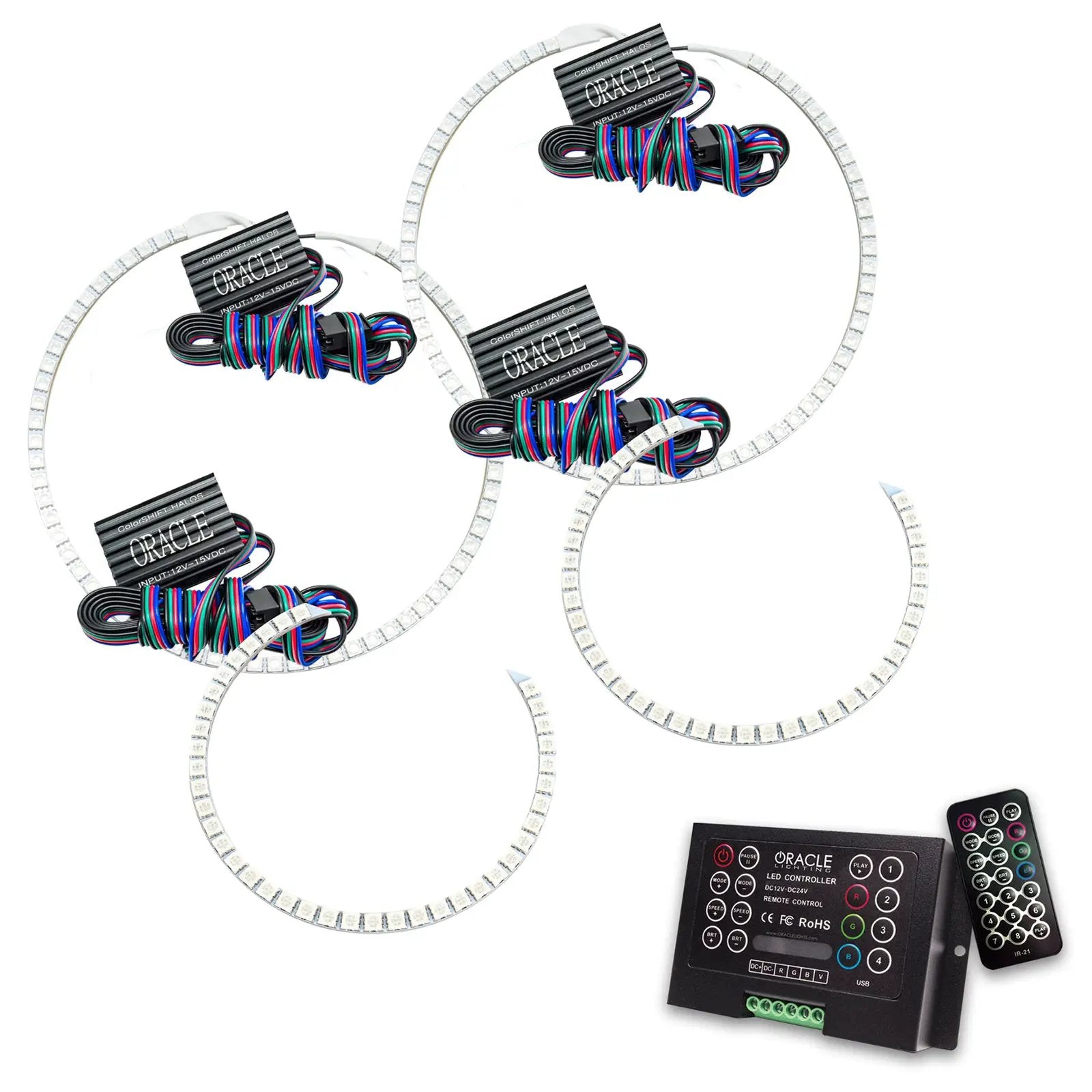 Oracle Lighting The kit includes a ColorSHIFT(tm) 2.0 controller. The halo kit uses an advanced LED chip which provides bright light output yet consumes less power. The kit mounts easily to your headlight housing with the provided 3M adhesive backing. by Oracle Lighting