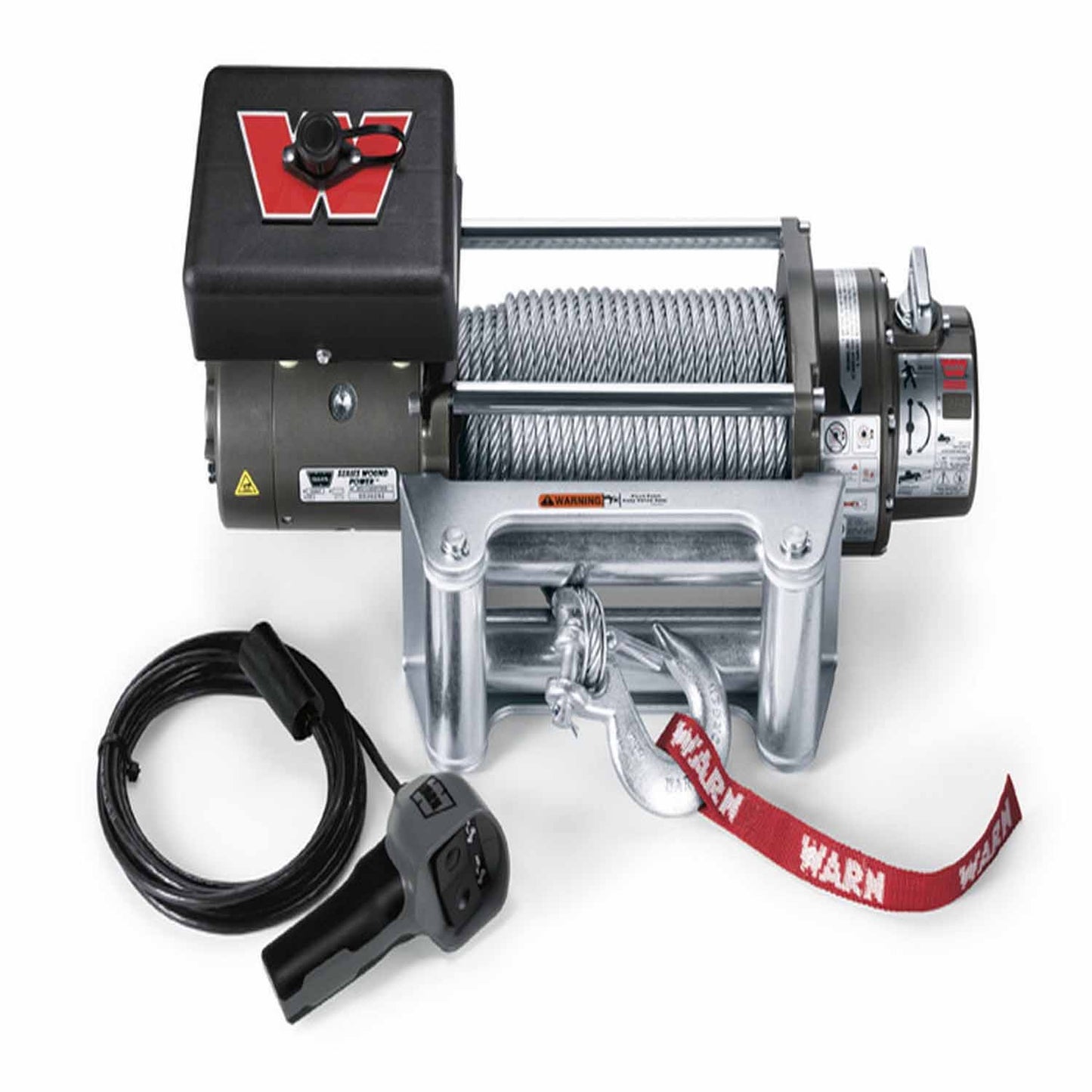 Warn Vehicle Mounted; Vehicle Recovery Winch; 12 Volt Electric; 8000 Pound Line Pull Capacity; 100 Foot Wire Rope; Roller Fairlead; Wired Remote; Planetary Gear Drive; Requires Winch Carrier or Winch Mount