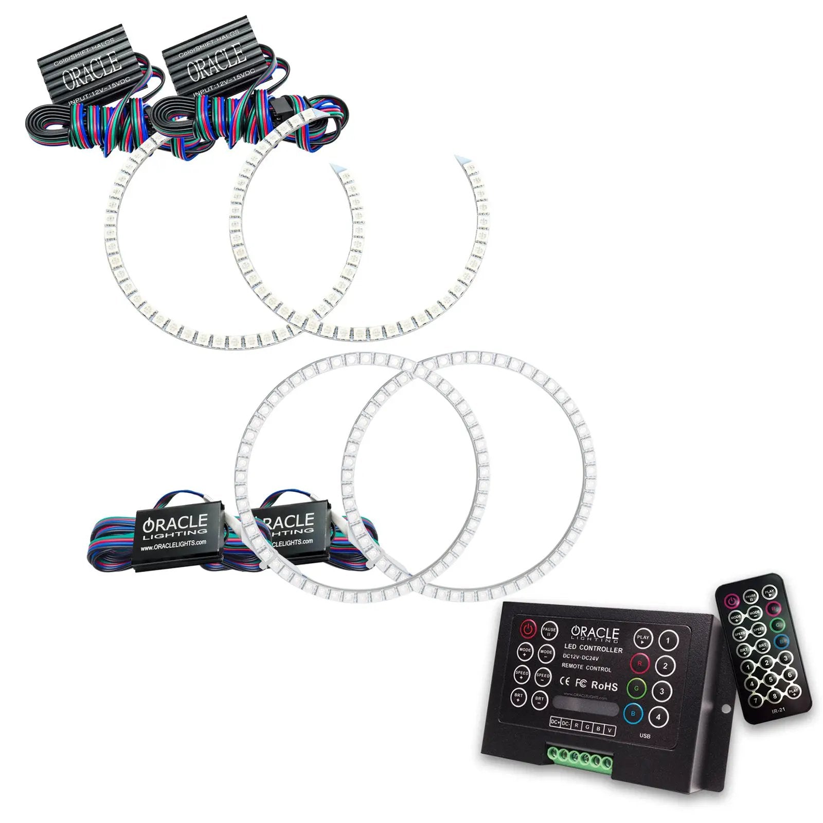 Oracle Lighting The kit includes a ColorSHIFT(tm) 2.0 controller. The halo kit uses an advanced LED chip which provides bright light output yet consumes less power. The kit mounts easily to your headlight housing with the provided 3M adhesive backing. by Oracle Lighting