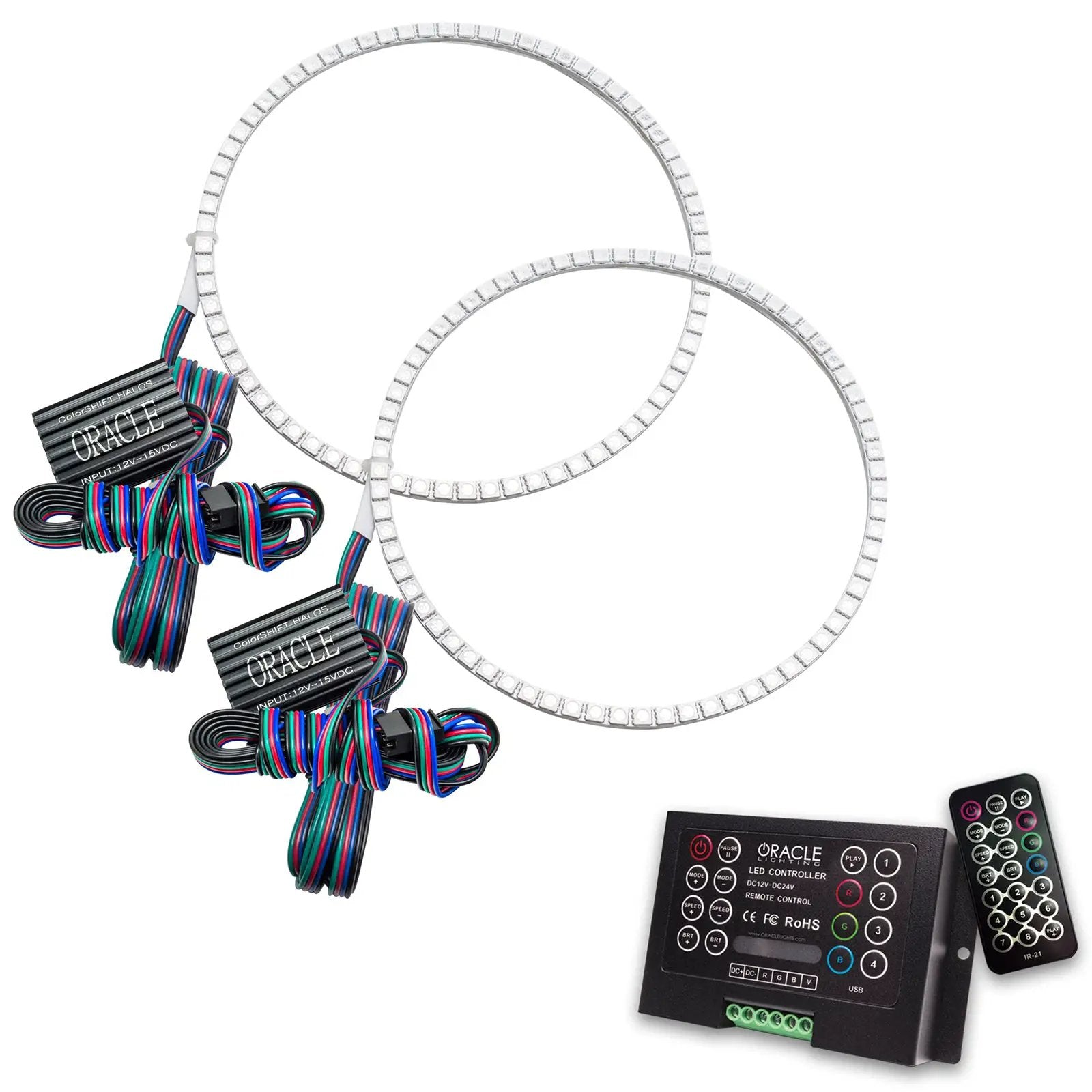 Oracle Lighting The kit includes a ColorSHIFT(tm) 2.0 controller. The halo kit uses an advanced LED chip which provides bright light output yet consumes less power. The kit mounts easily to your headlight housing with the provided 3M adhesive backing. by Oracle Lighting
