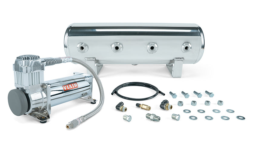 Air Lift Performance 2.5 Gal. Polished Tank w/ Viair 444c chrome compressor, 1/4" & 3/8" fittings & tank mounting hardware