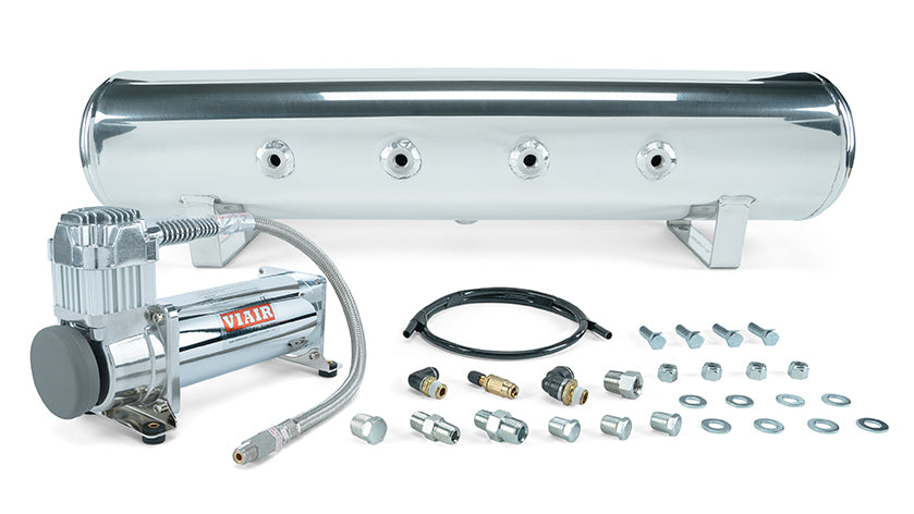 Air Lift Performance 4 Gallon 7-Port Polished Tank w/ Viair 444c chrome compressor, 1/4" & 3/8" fittings & tank mounting hardware