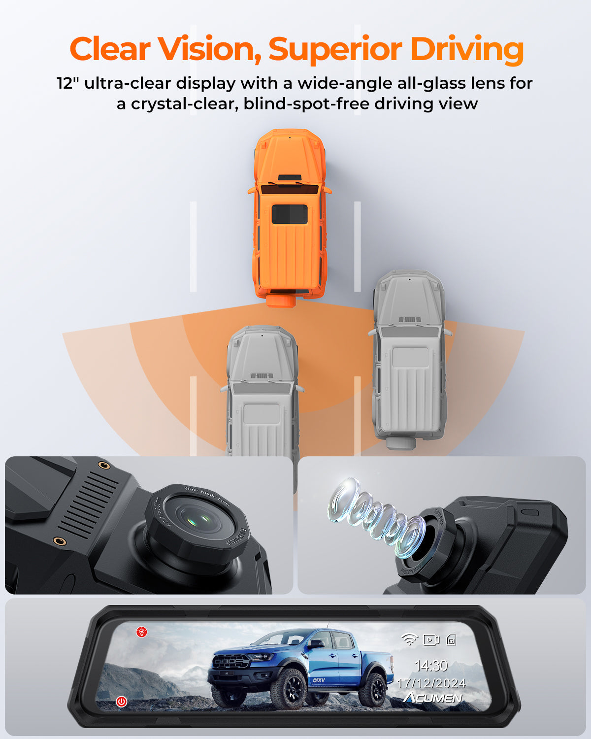 Acumen The Legend 3ch Waterproof Rear View Mirror Dash Cam with 1080P 60fps Front+ Rear+ Bumper/Cabin Cameras