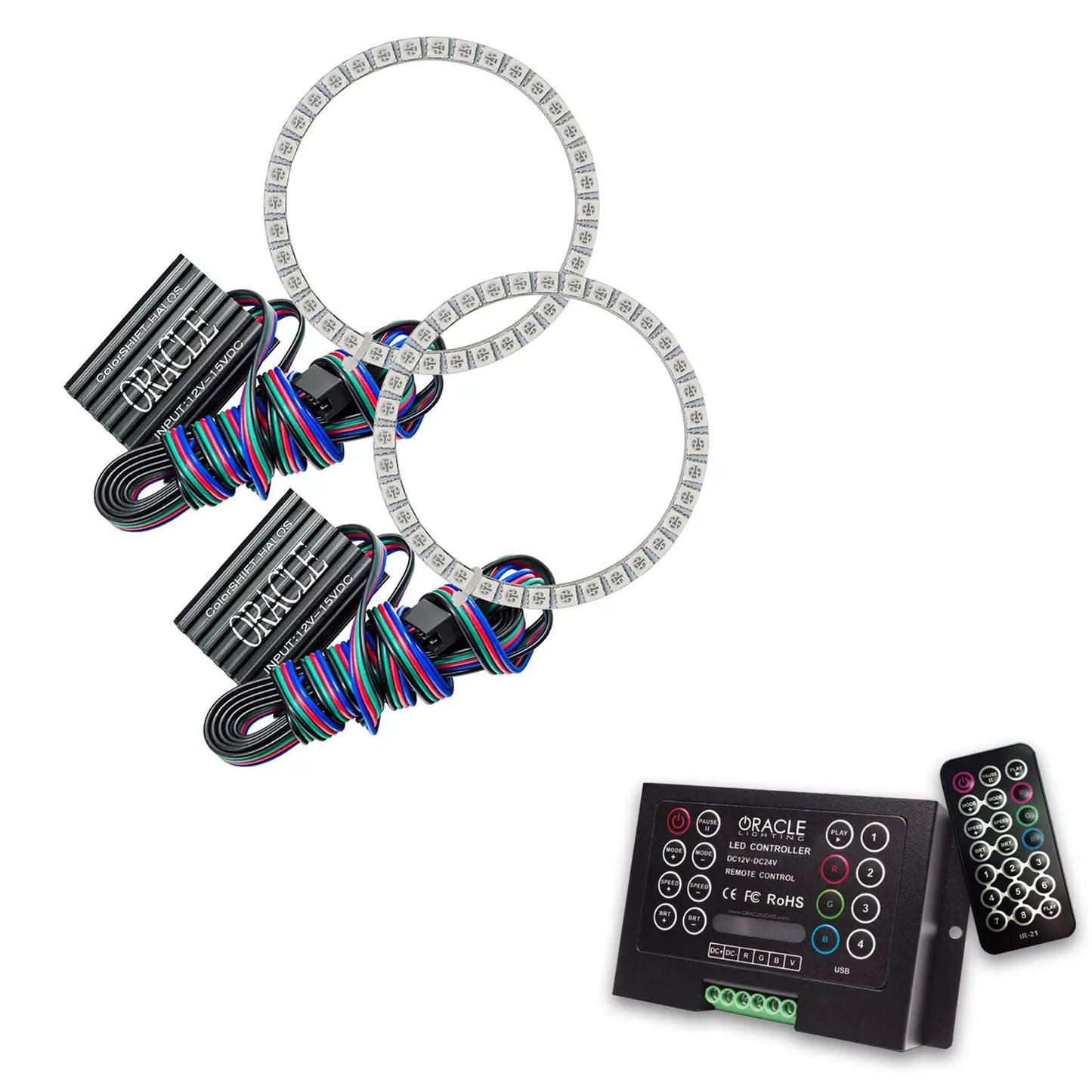 Oracle Lighting The kit includes a ColorSHIFT(tm) 2.0 controller. The halo kit uses an advanced LED chip which provides bright light output yet consumes less power. The kit mounts easily to your headlight housing with the provided 3M adhesive backing. by Oracle Lighting