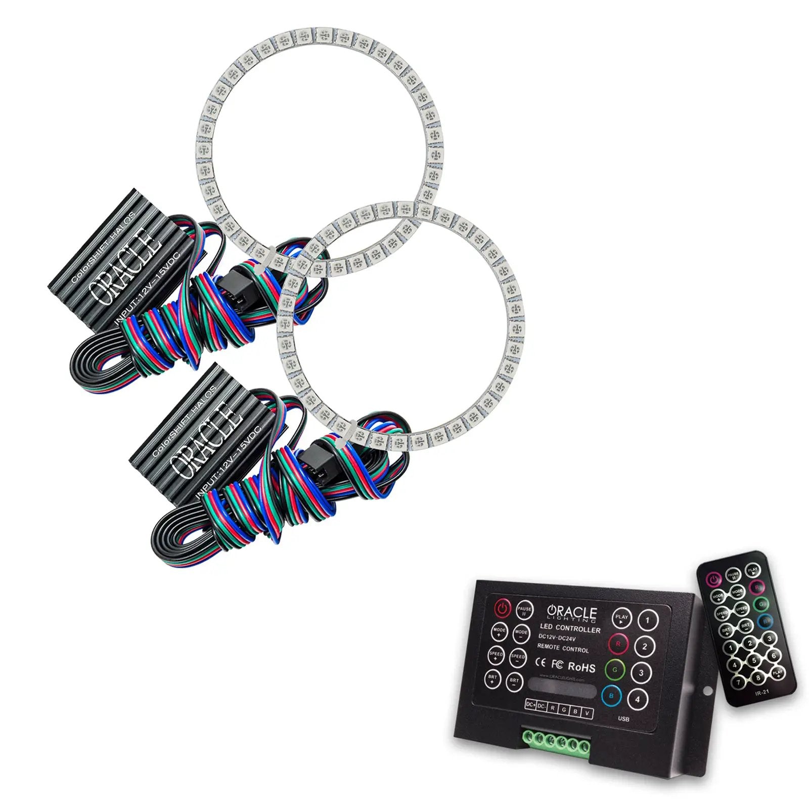 Oracle Lighting The kit includes a ColorSHIFT(tm) 2.0 controller. The halo kit uses an advanced LED chip which provides bright light output yet consumes less power. The kit mounts easily to your headlight housing with the provided 3M adhesive backing. by Oracle Lighting