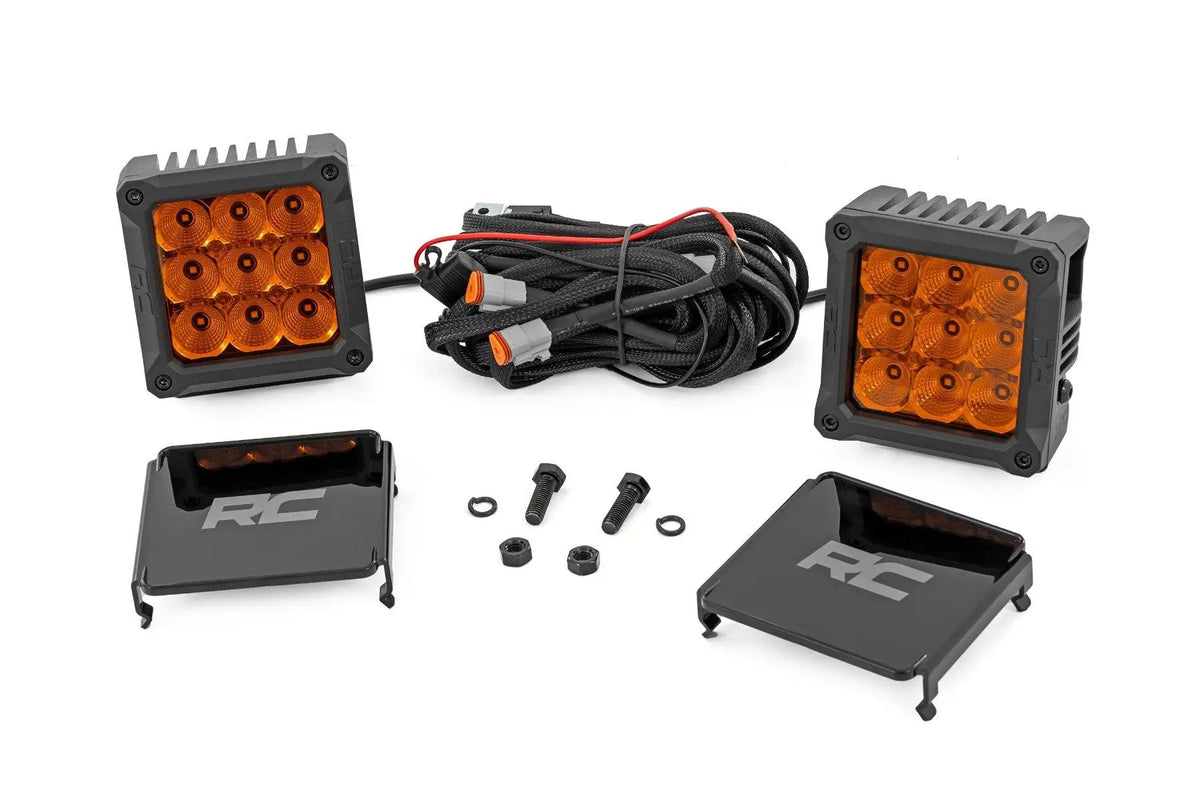Rough Country 4 Inch LED Amber Light Pods | Square | Amber DRL | Pair by Rough Country