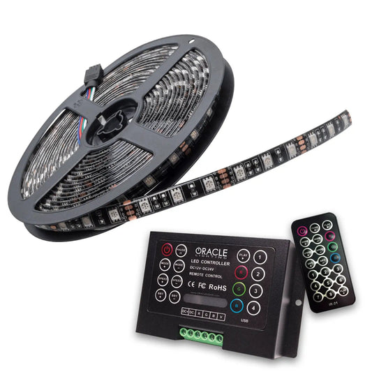 Oracle Lighting The flex strip system is 200 inches in length and includes the new ColorSHIFT(tm) 2.0 Wireless Controller. The strip has marked cut points for easy customization. A wireless infrared remote control is now included along with the unit. by Oracle Lighting