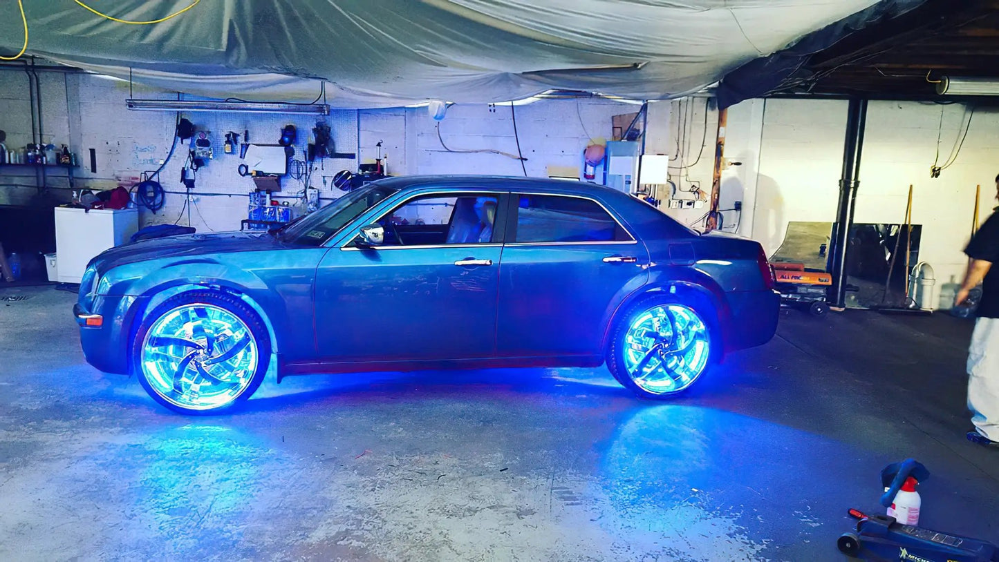Oracle Lighting Double wide blue LED wheel ring with plug and play waterproof connectors. Consist of four illuminated rings which attach to dust shield. Rings include five mounting brackets. Universal vehicle application. by Oracle Lighting