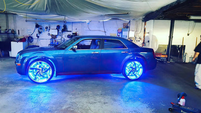 Oracle Lighting Double wide blue LED wheel ring with plug and play waterproof connectors. Consist of four illuminated rings which attach to dust shield. Rings include five mounting brackets. Universal vehicle application. by Oracle Lighting