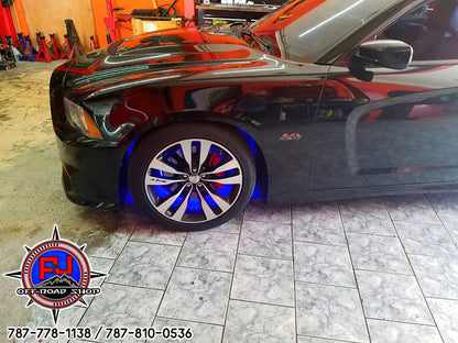 Oracle Lighting Double wide blue LED wheel ring with plug and play waterproof connectors. Consist of four illuminated rings which attach to dust shield. Rings include five mounting brackets. Universal vehicle application. by Oracle Lighting