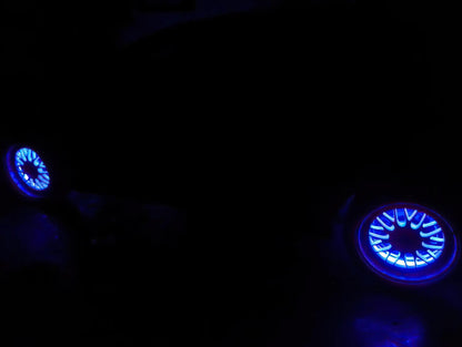 Oracle Lighting Double wide blue LED wheel ring with plug and play waterproof connectors. Consist of four illuminated rings which attach to dust shield. Rings include five mounting brackets. Universal vehicle application. by Oracle Lighting