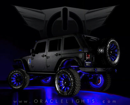 Oracle Lighting Double wide blue LED wheel ring with plug and play waterproof connectors. Consist of four illuminated rings which attach to dust shield. Rings include five mounting brackets. Universal vehicle application. by Oracle Lighting