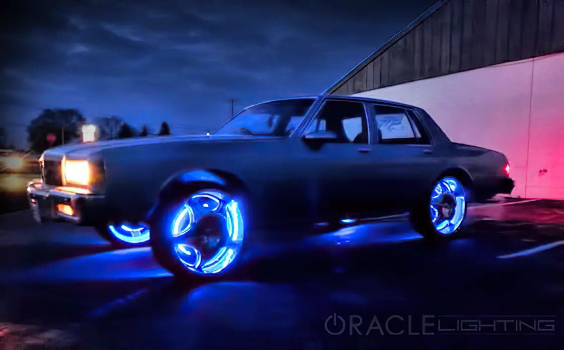 Oracle Lighting Double wide blue LED wheel ring with plug and play waterproof connectors. Consist of four illuminated rings which attach to dust shield. Rings include five mounting brackets. Universal vehicle application. by Oracle Lighting
