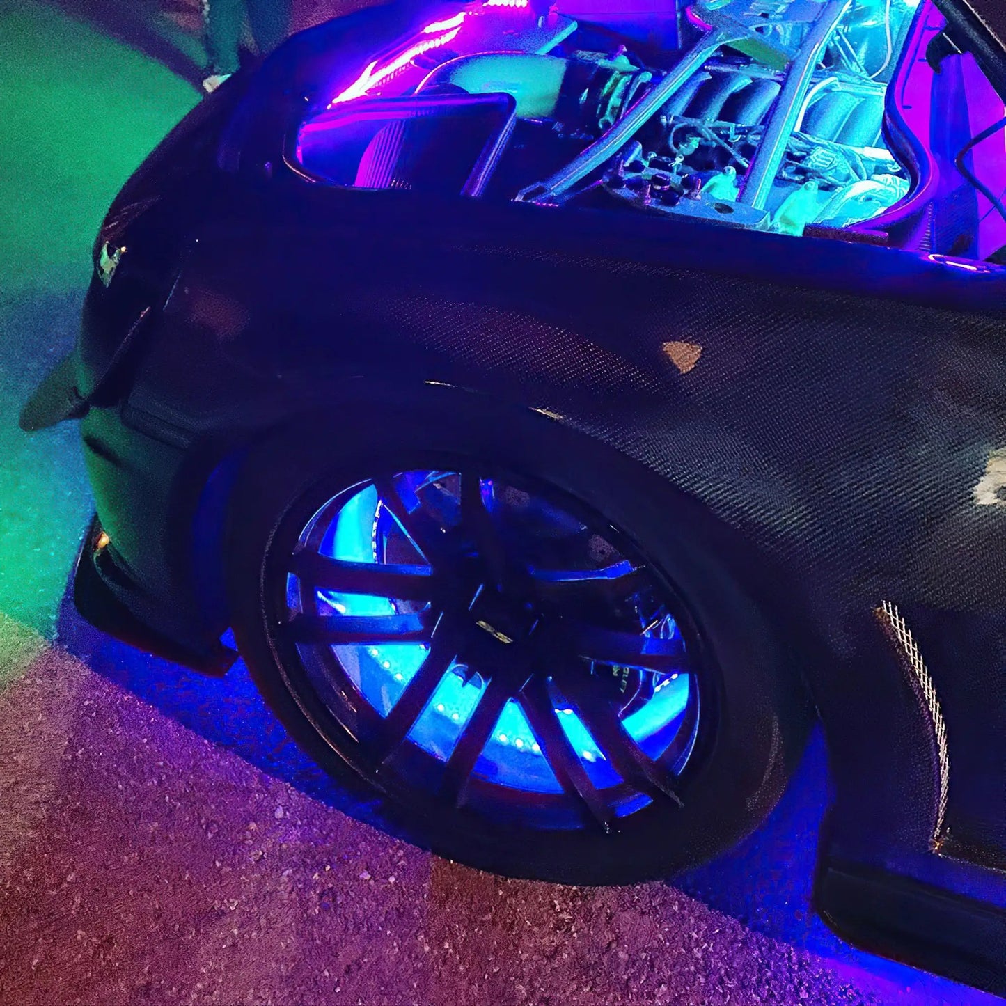 Oracle Lighting Double wide blue LED wheel ring with plug and play waterproof connectors. Consist of four illuminated rings which attach to dust shield. Rings include five mounting brackets. Universal vehicle application. by Oracle Lighting