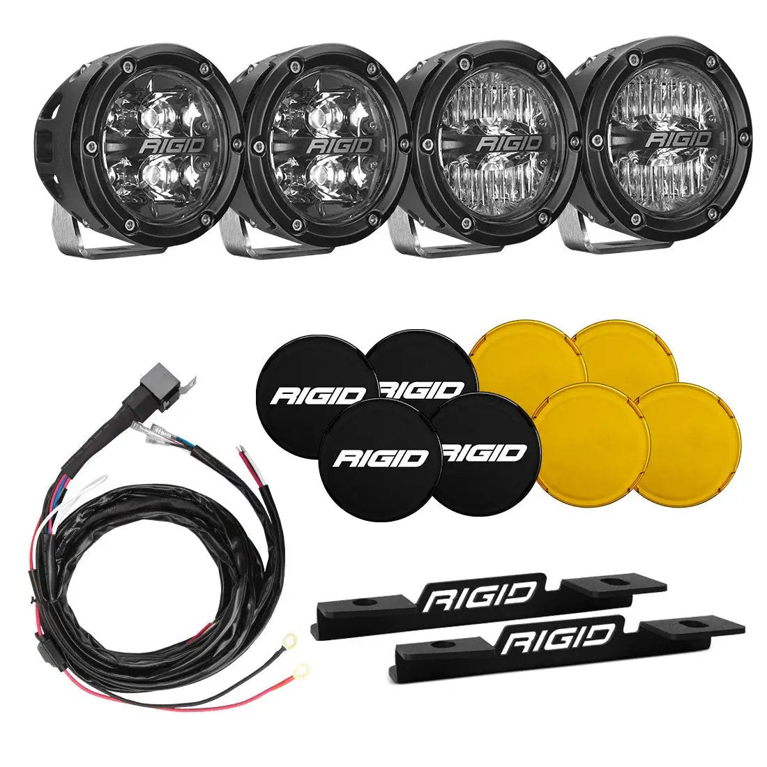 RIGID Industries This Bronco light kit includes two A-Pillar mounting brackets, two 4 Inch 360 Drive Lights with Amber Backlights, two 4 Inch 360 Spot Lights with Amber Backlights, two solid black light covers, two amber light covers and a wiring harness.