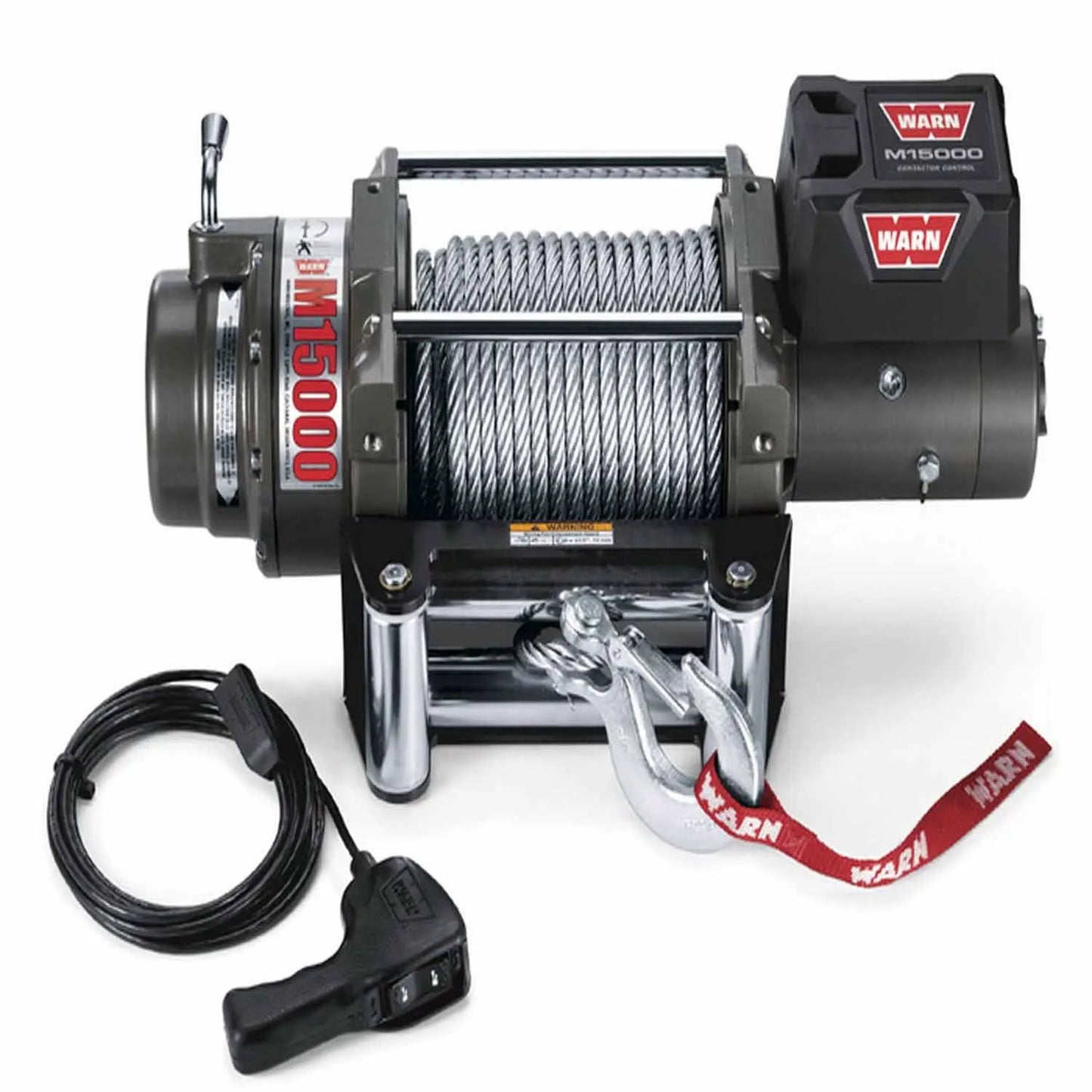Warn Vehicle Mounted; Vehicle Recovery Winch; 12 Volt Electric; 15000 Pound Line Pull Capacity; 90 Foot Wire Rope; Roller Fairlead; Wired Remote; Planetary Gear Drive; Requires Winch Carrier or Winch Mount by Warn