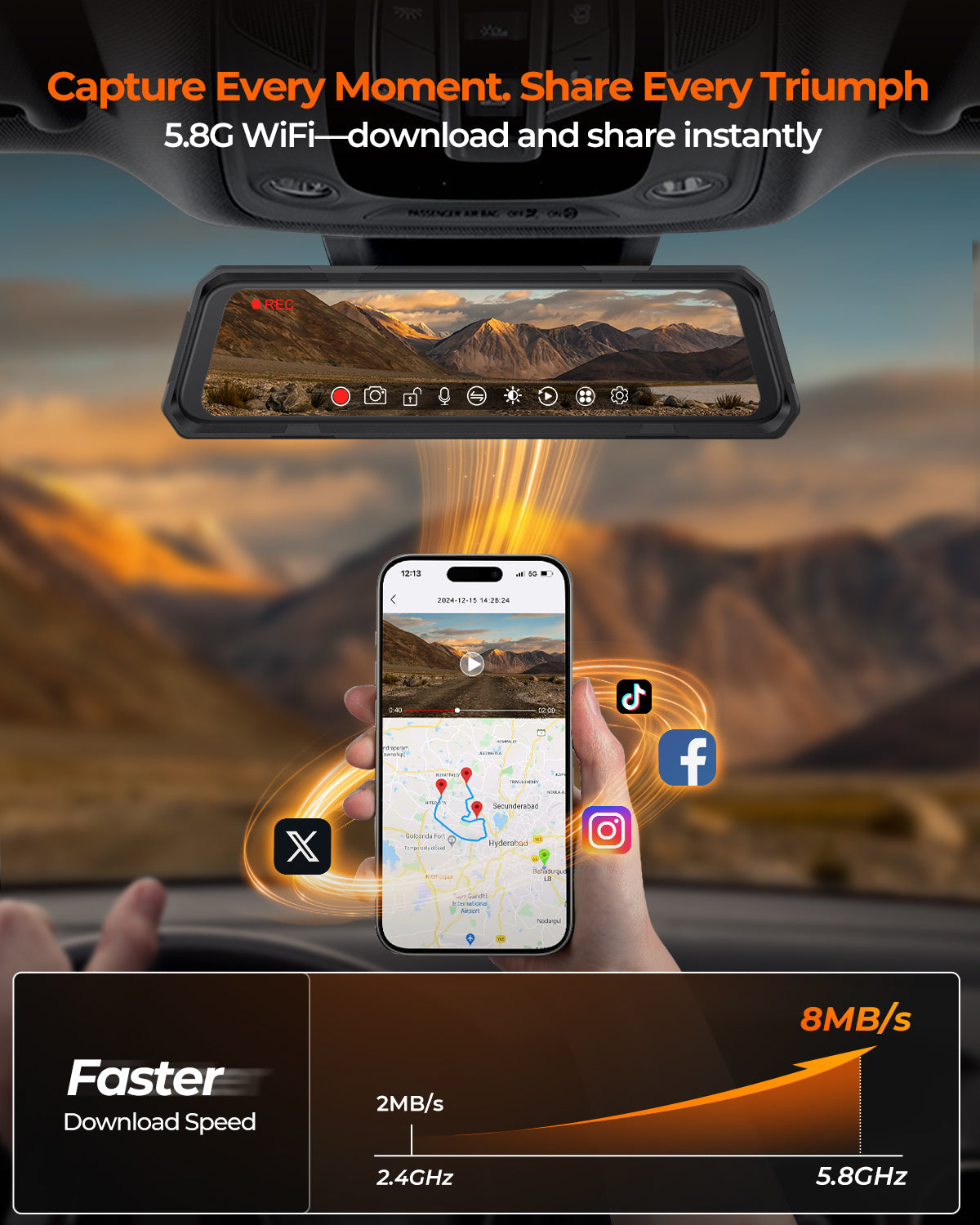 Acumen The Legend 3ch Waterproof Rear View Mirror Dash Cam with 1080P 60fps Front+ Rear+ Bumper/Cabin Cameras