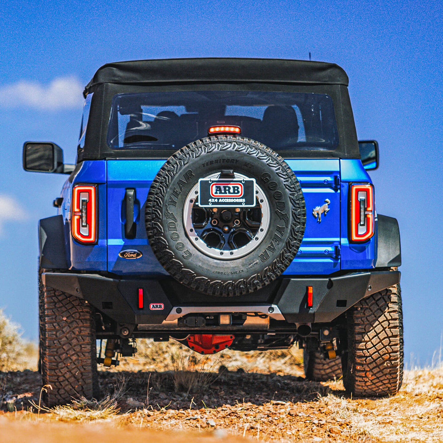 ARB Rear Bumper for use with Wide Flare Models, includes Twin Jack Points and LED License Plate, accommodates OE Tow Bar, Wiring, and Parking Sensors