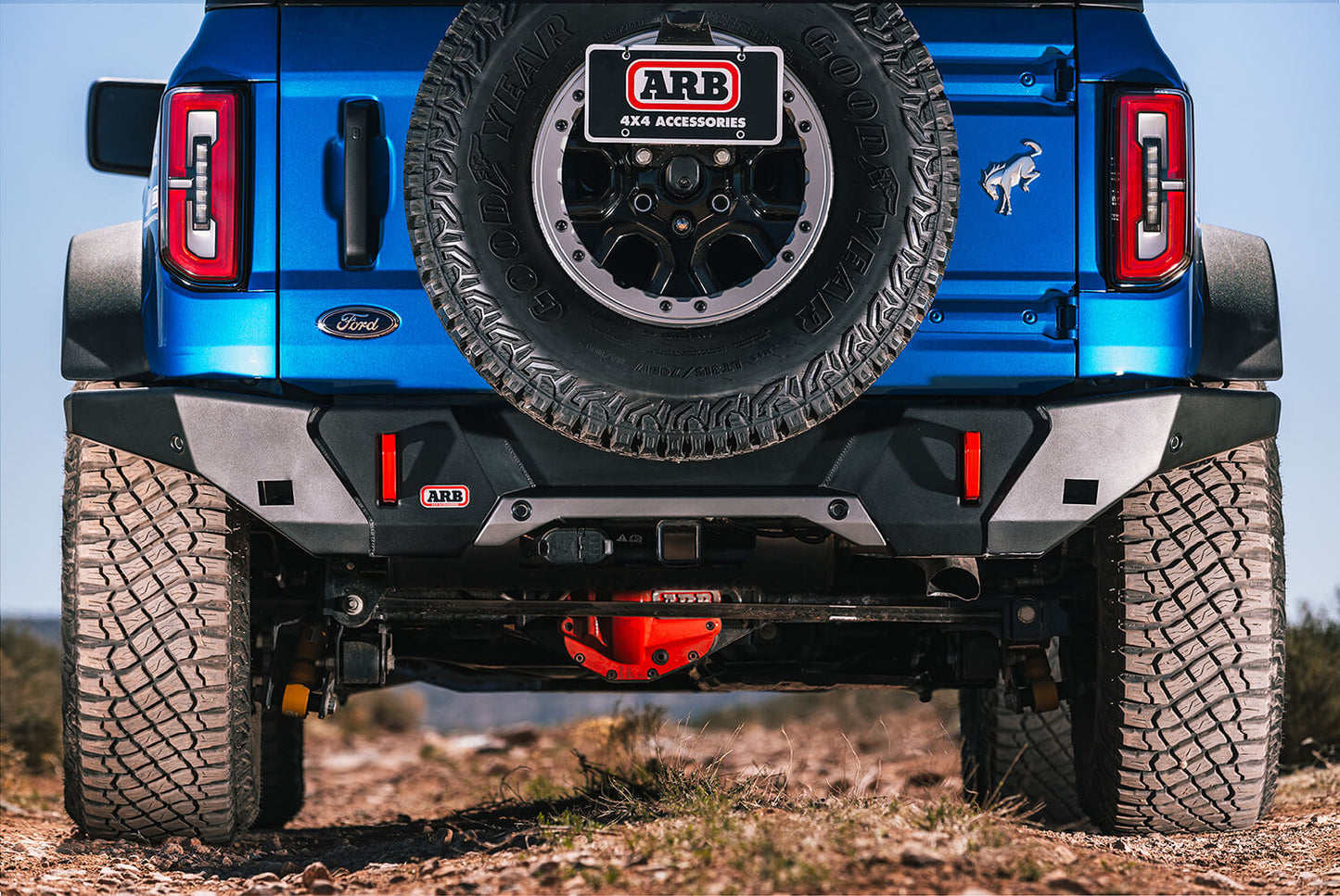ARB Rear Bumper for use with Wide Flare Models, includes Twin Jack Points and LED License Plate, accommodates OE Tow Bar, Wiring, and Parking Sensors